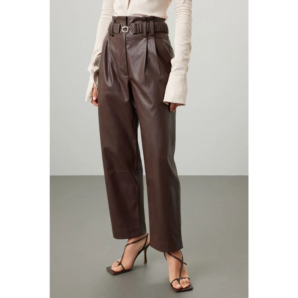 RTR 50 (12-14) Derek Lam Brown Faux Leather Pleated Paperbag Straight Pants